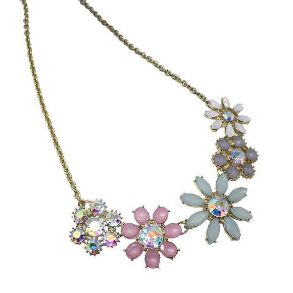 ETC Statement Necklace Iridescent Pastel Flowers & Rhinestone 32" Chain -Hey Viv - Picture 3 of 7